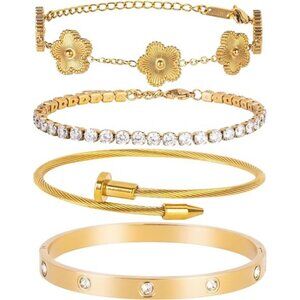 18K Gold Plated Bracelet Set Women Stackable Tennis Love Clover Adjustable Jewel